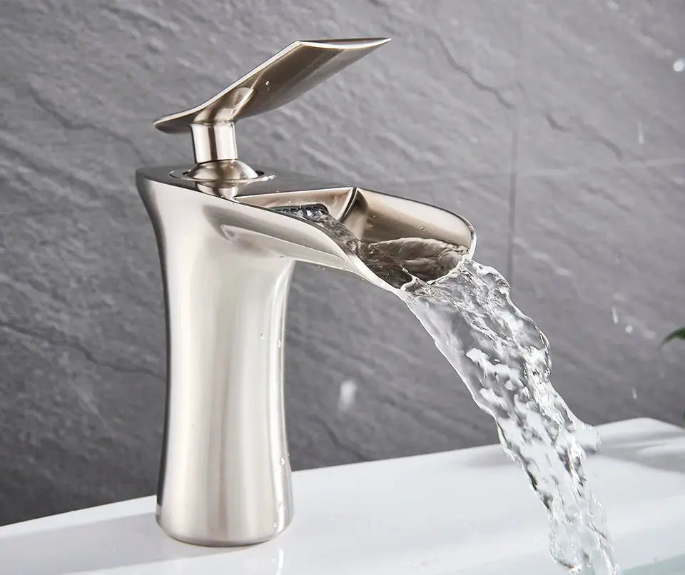 Basin faucet with waterfall spout, single-handle silver bathroom mixer tap