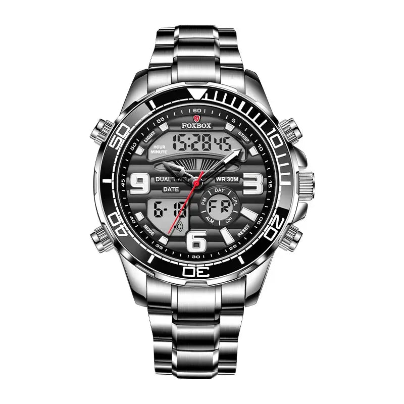 Foxbox stainless steel digital men's wristwatch with metal bracelet, water resistant