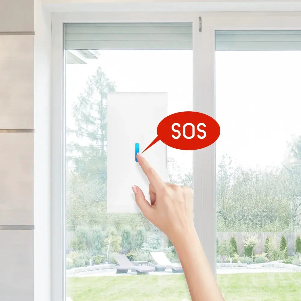 Staniot 433MHz wireless vibration glass-break sensor mounted on window, hand pressing blue push button (SOS)
