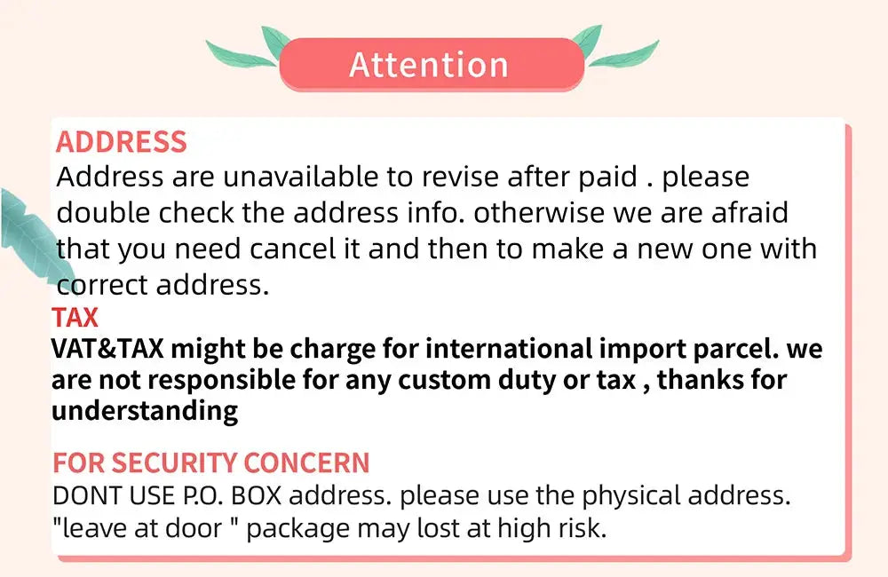 Attention notice card on peach background listing ADDRESS, TAX, and FOR SECURITY CONCERN text