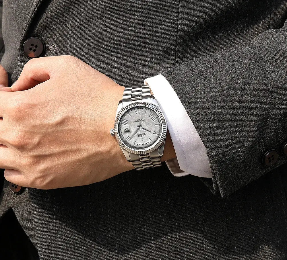 CADISEN men's mechanical watch with meteorite dial and stainless steel bracelet