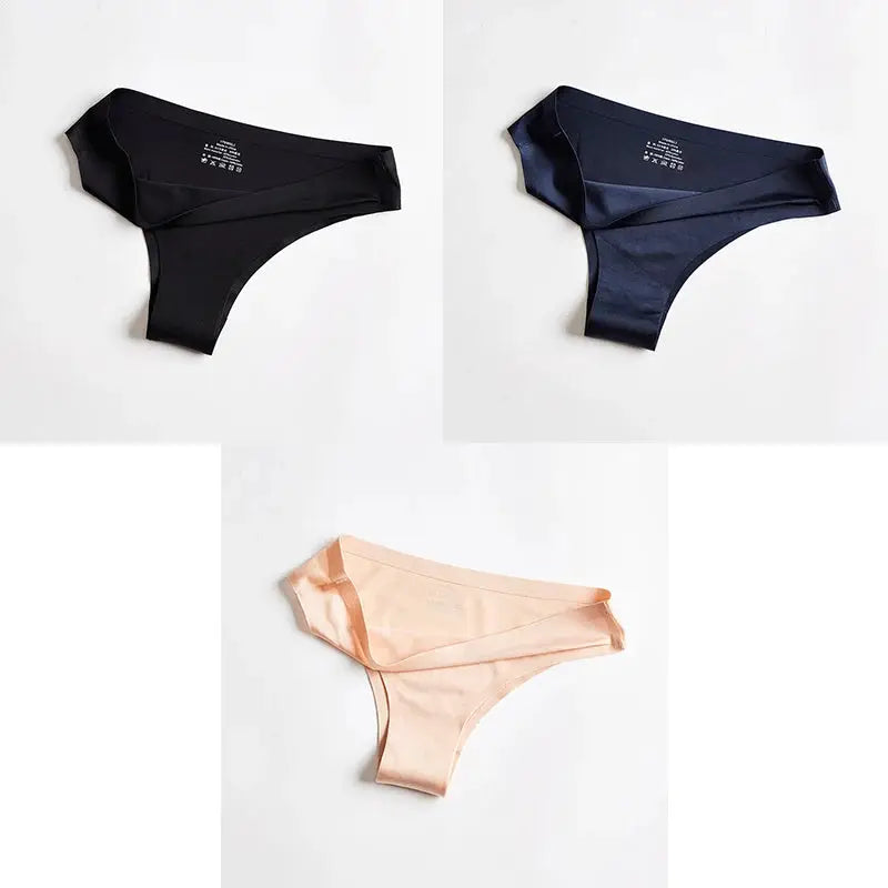 Women's ice silk seamless thong underwear set of 3 by Simples Market in black, navy, and peach.