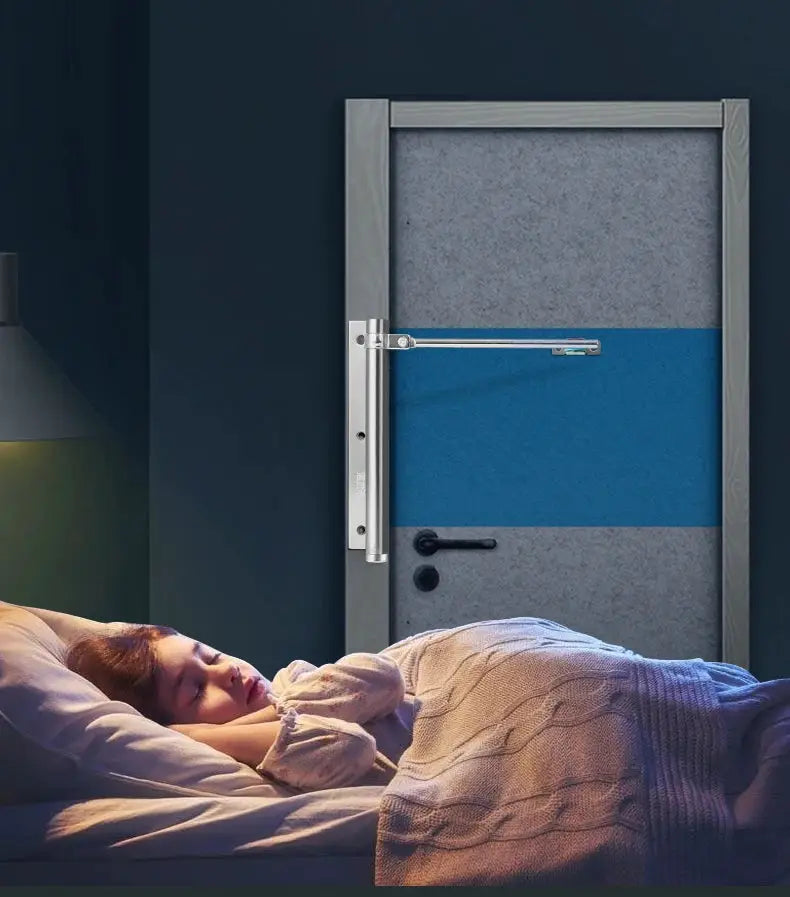 KAK 50kg adjustable aluminum door closer mounted on a blue-gray fireproof door, heavy-duty door hardware