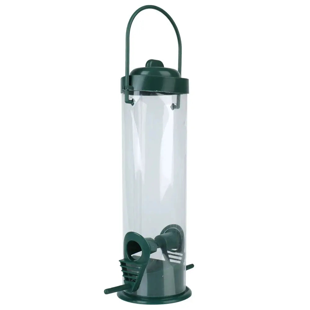 Simples Market hanging green plastic bird feeder with clear tube and feeding ports.