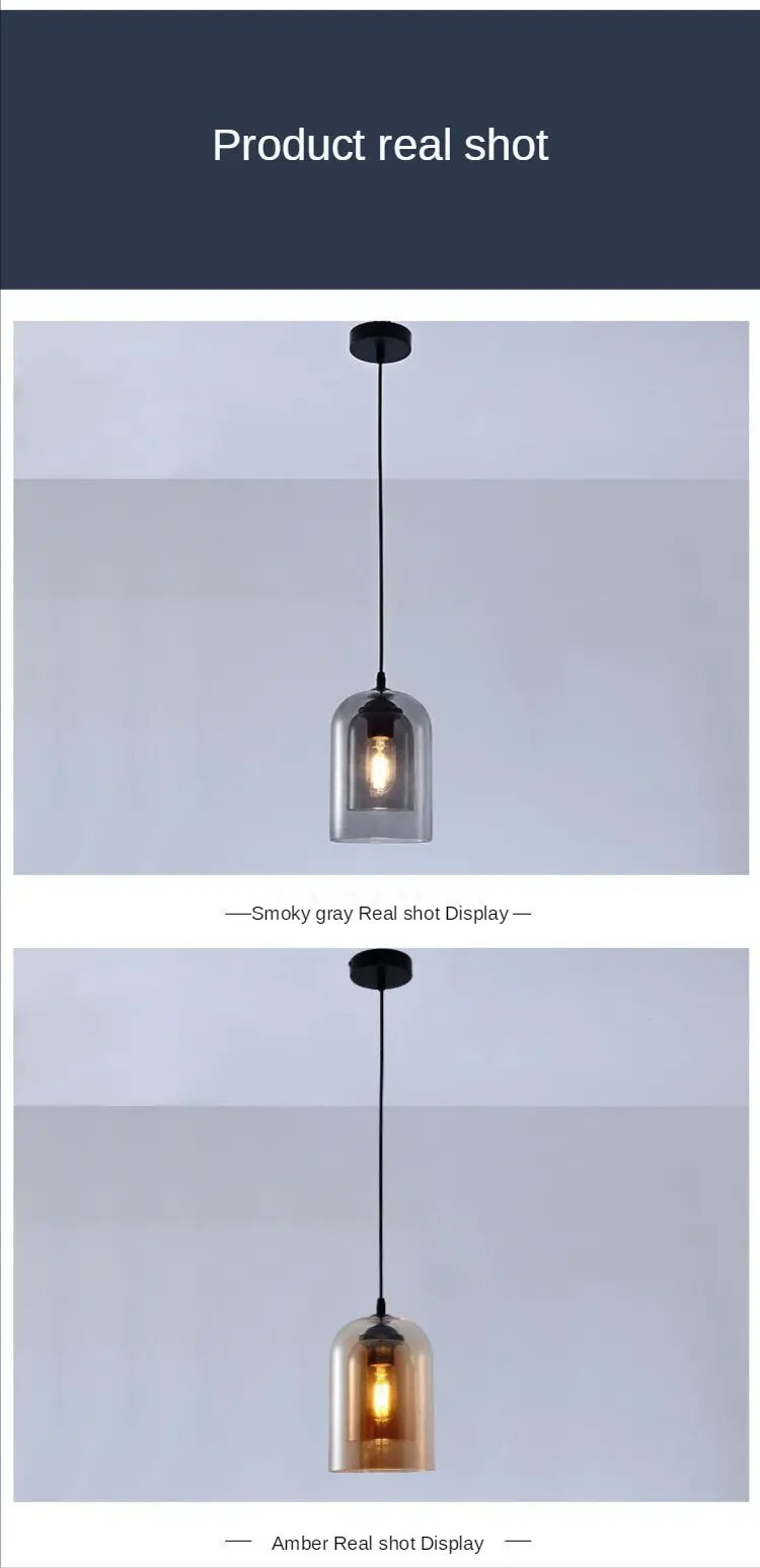 Simples Market Led pendant lamp; two color variants smoky gray and amber glass shades, black suspension cord, E27 hanging light.