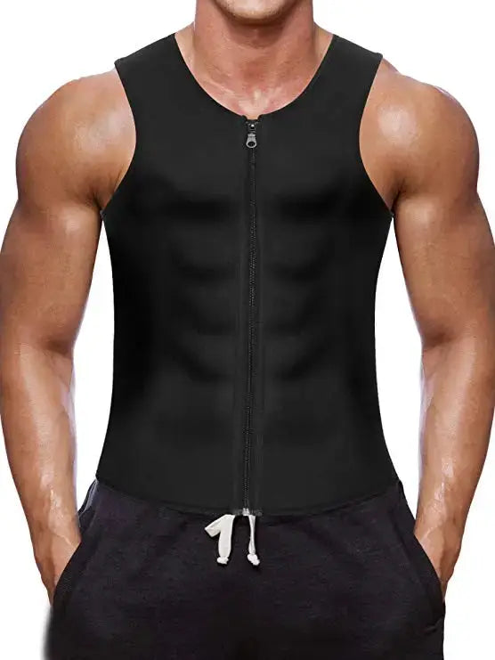 Men's black front-zip sleeveless waist trainer shapewear tank top