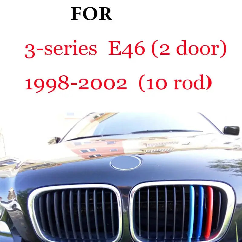 3-piece front BMW grille trim strips by Simples Market with chrome surrounds and blue/red accent slats