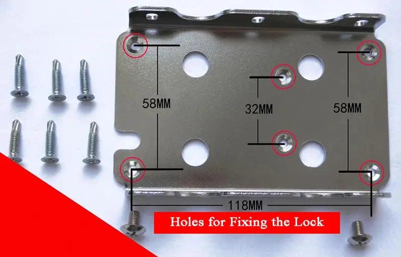 Smart door lock mounting plate, silver metal with six screws and fixing holes