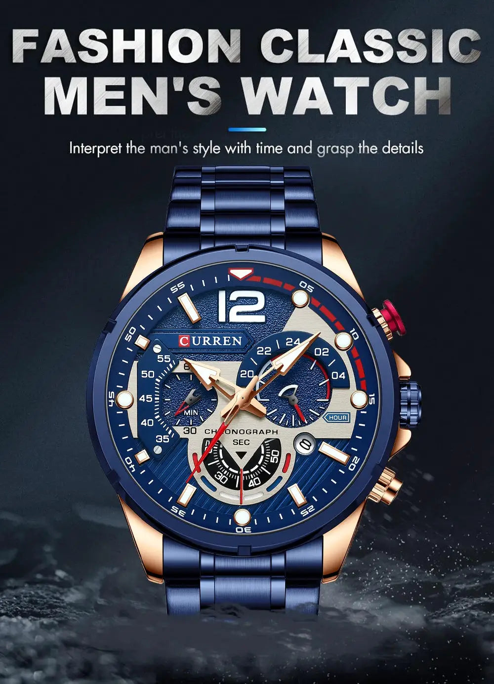 Curren blue stainless steel chronograph wristwatch with rose-gold accents and multiple subdials