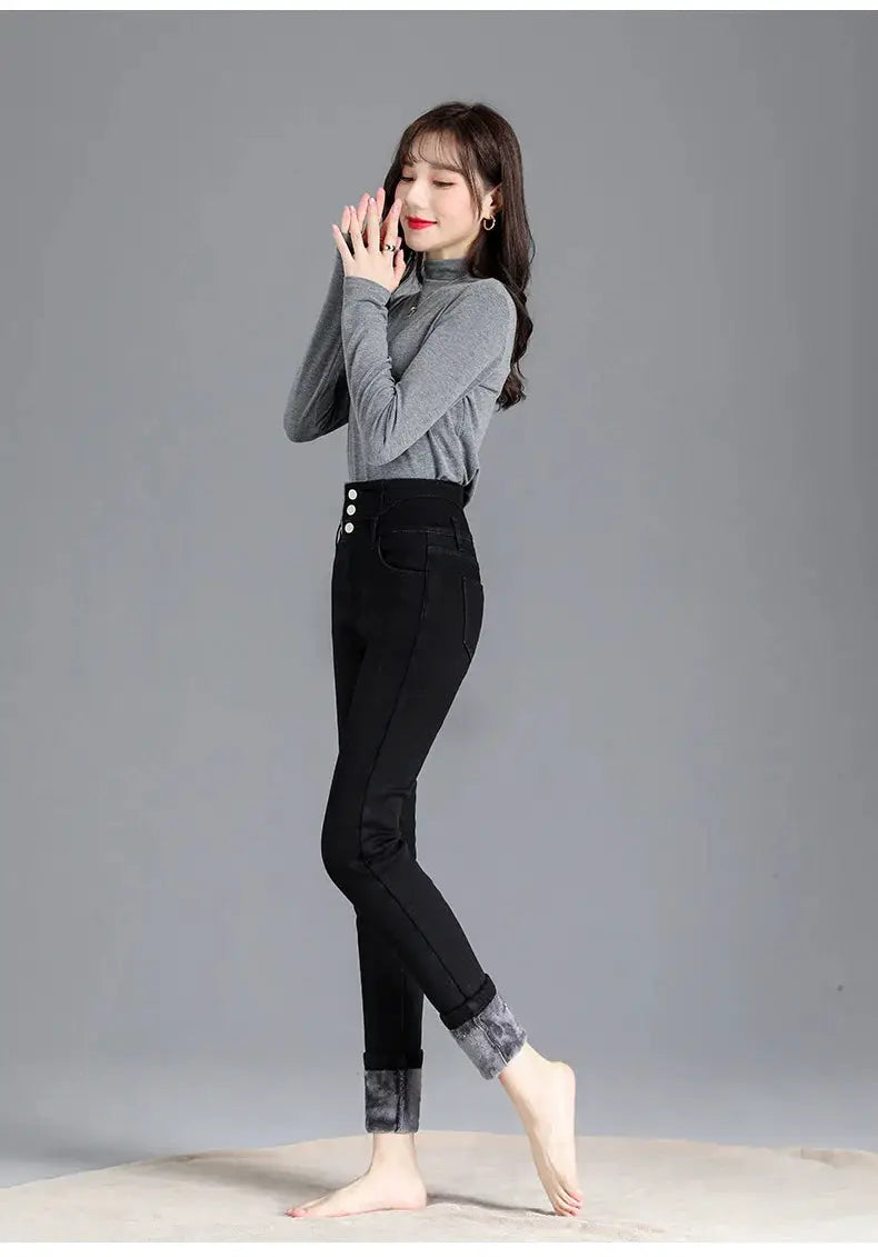 Thermal Winter Thick Fleece High Waist Stretch Skinny Jeans For Women