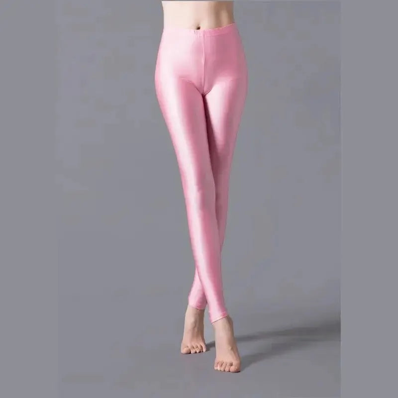 Women's shiny pink leggings from Simples Market; solid color spandex with high elasticity
