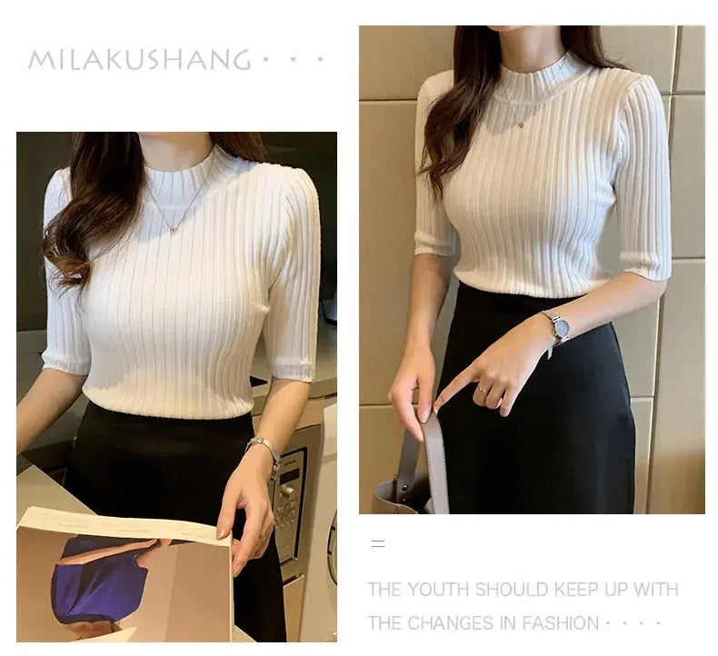 White ribbed knit blouse with short sleeves and mock neck by Simples Market