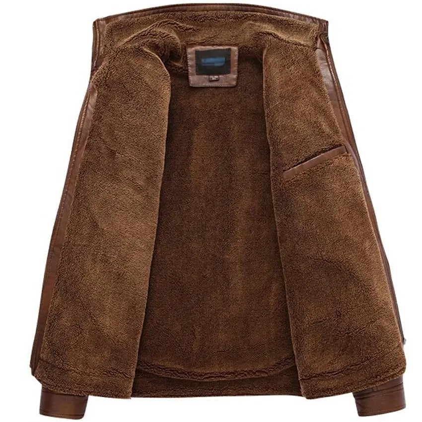 Men's brown PU leather jacket with plush faux fur lining