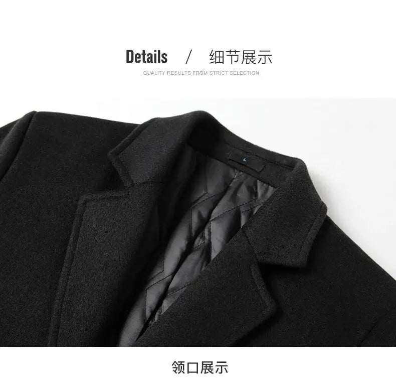 Men's black wool coat with quilted lining, winter trench style