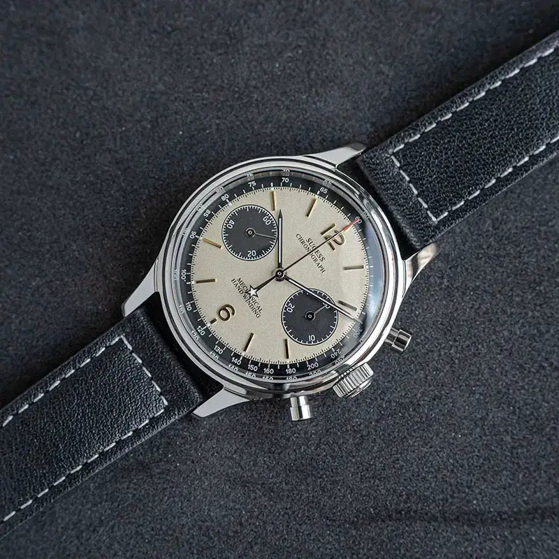 Sugess 1963 Pilot Watch Panda chronograph for men; cream dial with black subdials, black leather strap.