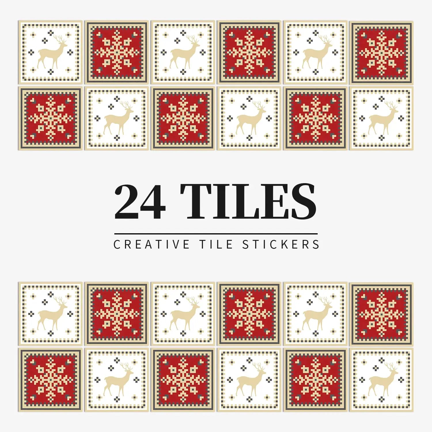 Simples Market 24-piece self-adhesive tile sticker set with white deer-pattern tiles and red geometric tiles.