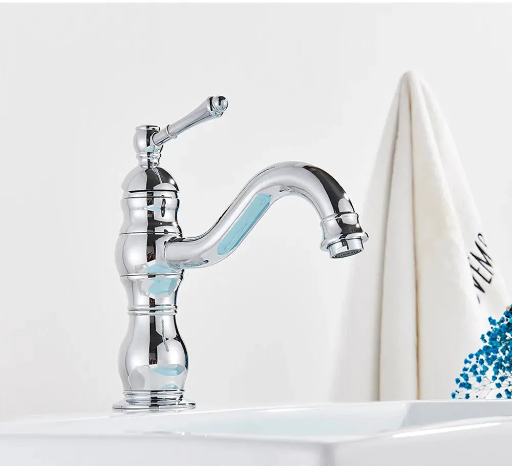 Chrome basin vessel sink faucet, deck-mounted one-hole hot and cold mixer tap for bathroom