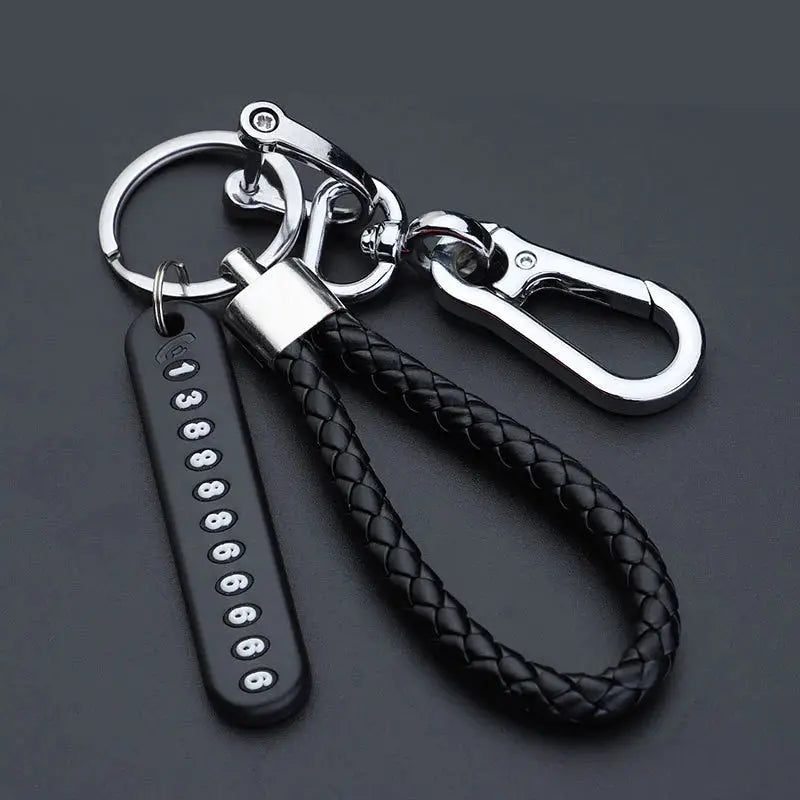 Anti Lost Car Keychain With Phone Number Card Key Ring Leather Braided Rope Zinc Alloy Charm Gift For Husband
