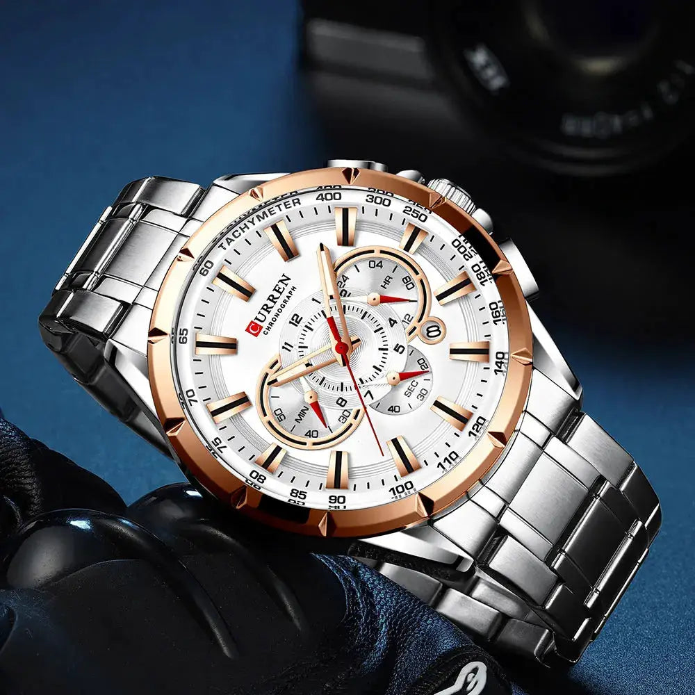 Curren men's chronograph watch with stainless steel band and rose-gold bezel, white dial with luminous hands