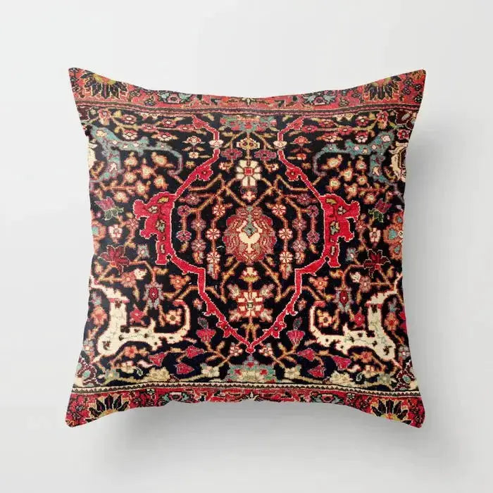 Pillow cover by Simples Market; Nordic Moroccan style cushion with a red, black and teal rug pattern.