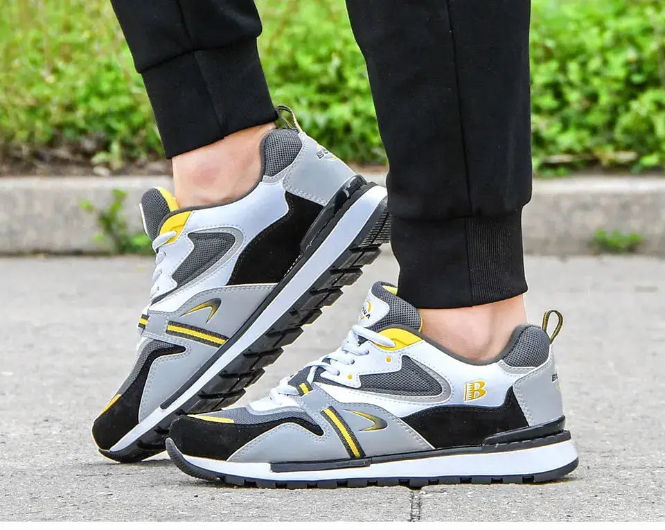 BONA action leather sport sneakers pair for men in gray, white and yellow accents