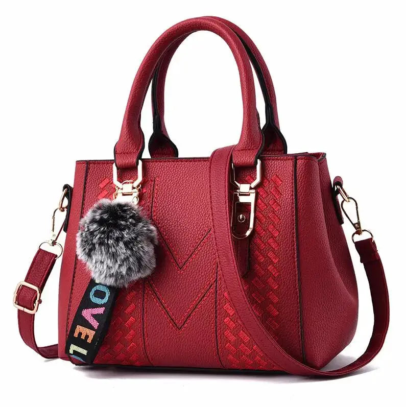 NovaLuxe PU Leather Messenger Bag For Women With Fur Ball Accent And Secure Zipper Closure