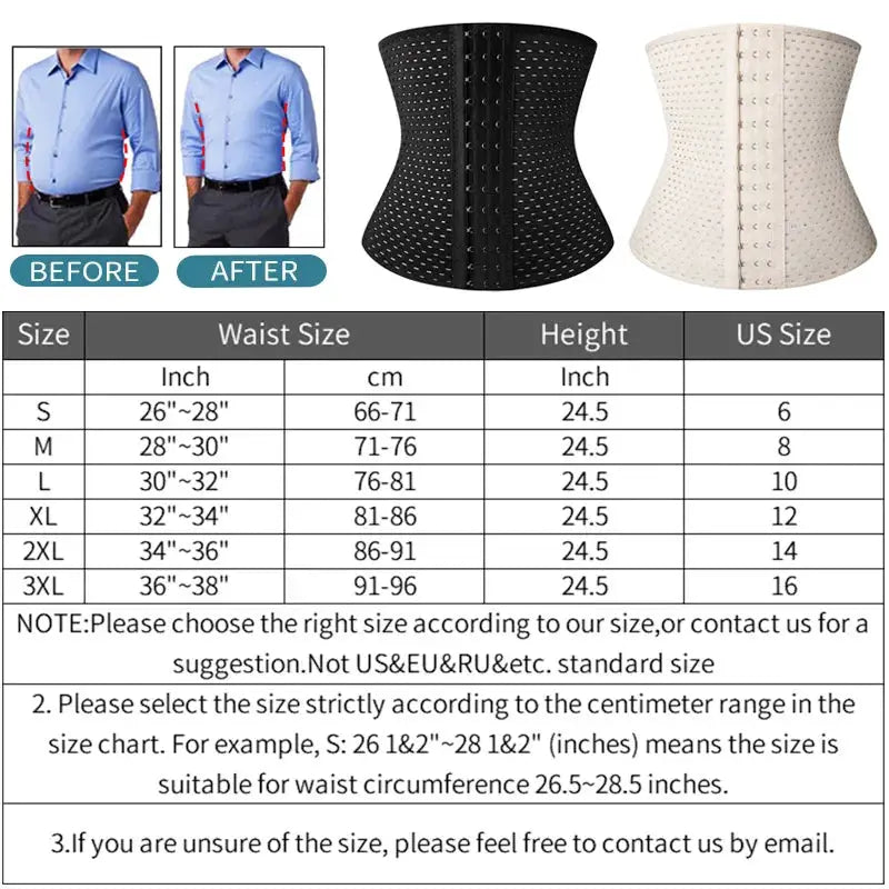 Two waist trainer shaper corsets for men by Simples Market (black and beige), high-compression girdles.