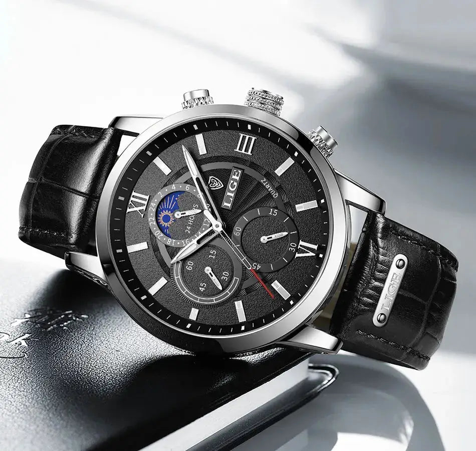 LIGE men's luxury leather watch with black strap, silver case, and three subdials
