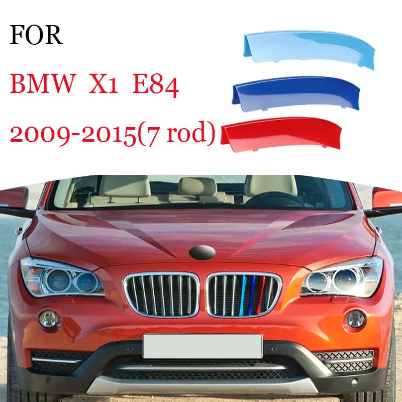 3Pcs BMW front grille trim strips by Simples Market in blue shades and red for multiple models
