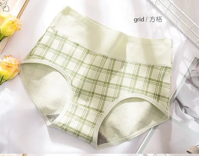 Women's cotton high-waist panties in cream with green plaid grid pattern, seamless comfort brief