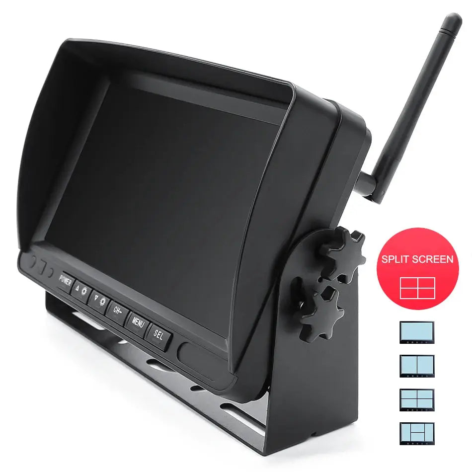 GreenYi 7-inch black HD AHD wireless truck DVR monitor with antenna and split-screen capability