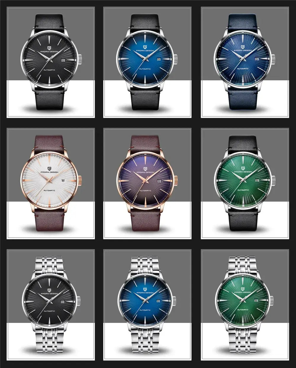 Pagani Design men's automatic wristwatches, 9 models with leather or steel bands in black blue white