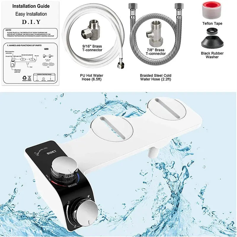 Simples Market bidet toilet seat attachment, white non-electric dual-nozzle mixer with hoses and installation kit.