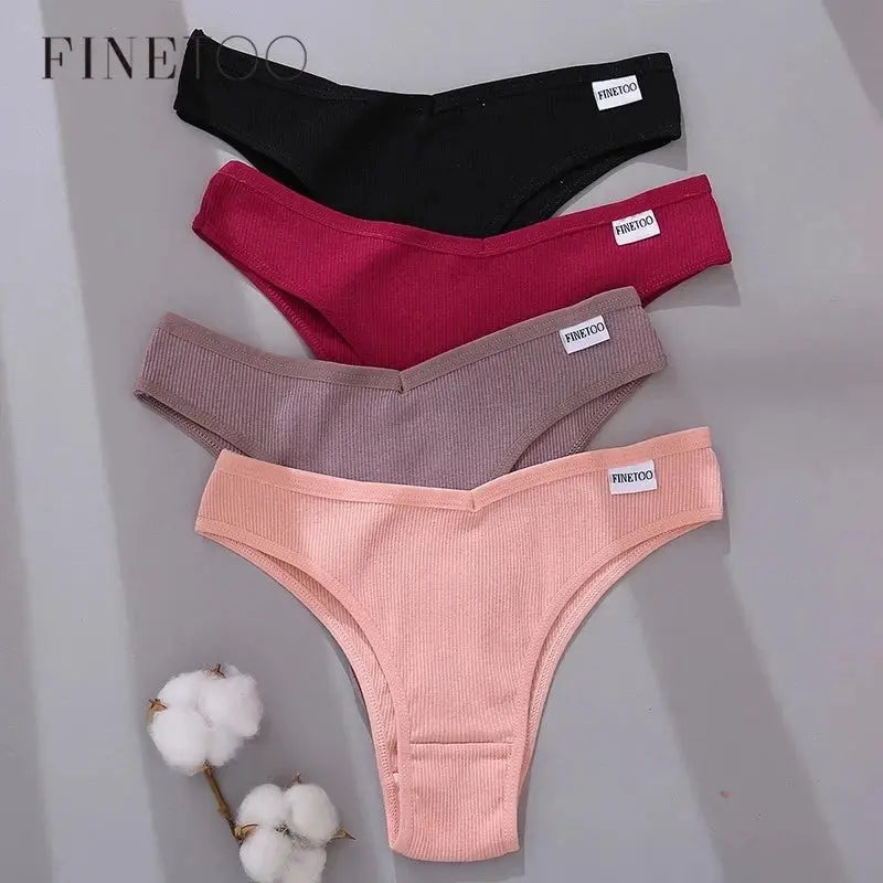 FINETOO cotton Brazilian panties 4-pack in black, red, mauve, and pink with V-waist bikini briefs.