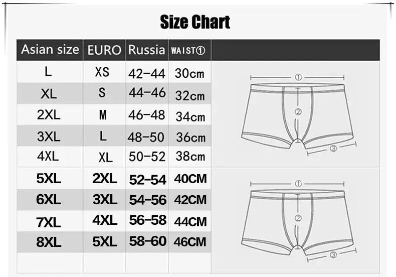 Simples Market bamboo fiber men's boxer underwear, solid breathable shorts; size chart shows Asian sizes L–8XL waist.