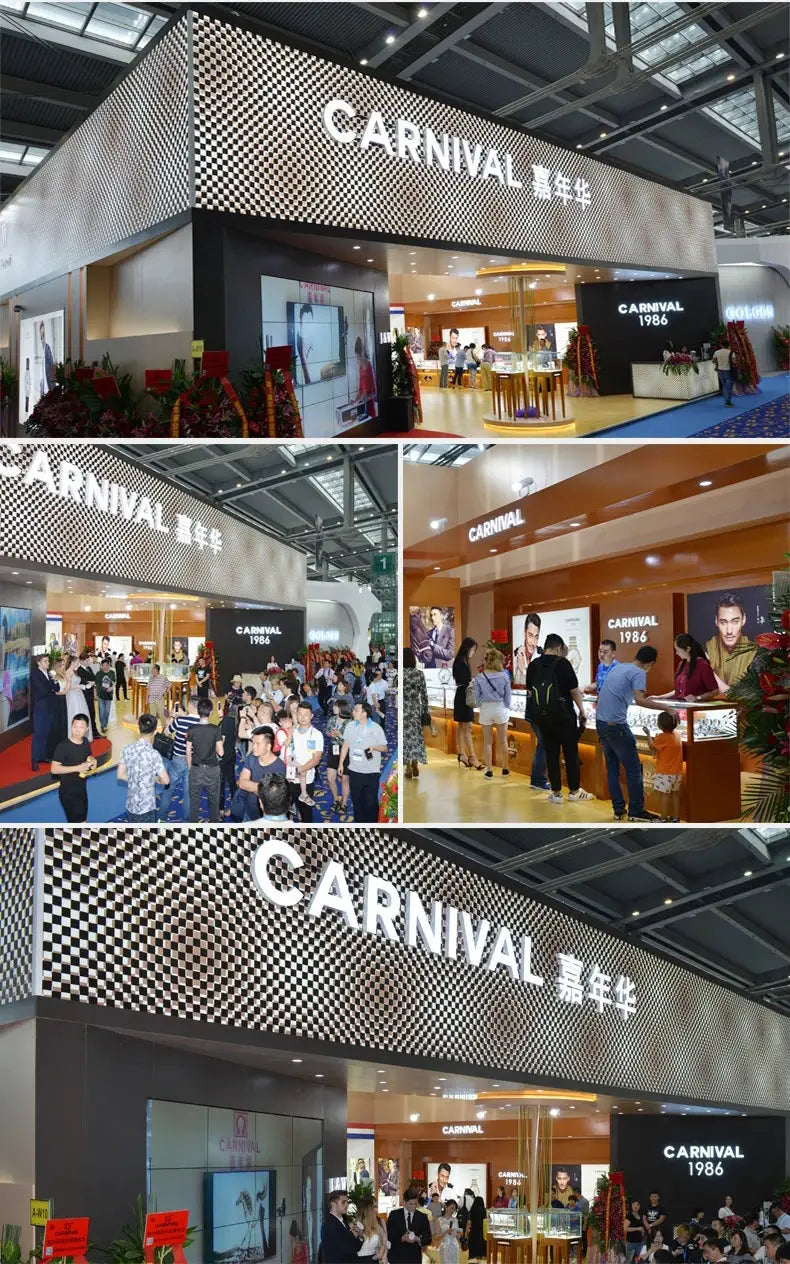 Carnival men's luxury watches booth at Simples Market, checkered façade and busy expo.