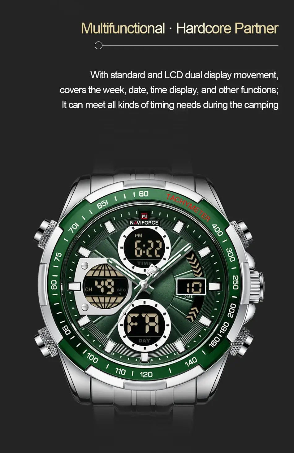 NAVIFORCE men's wristwatch with stainless steel case/bracelet, green dial, tachymeter bezel and dual display.