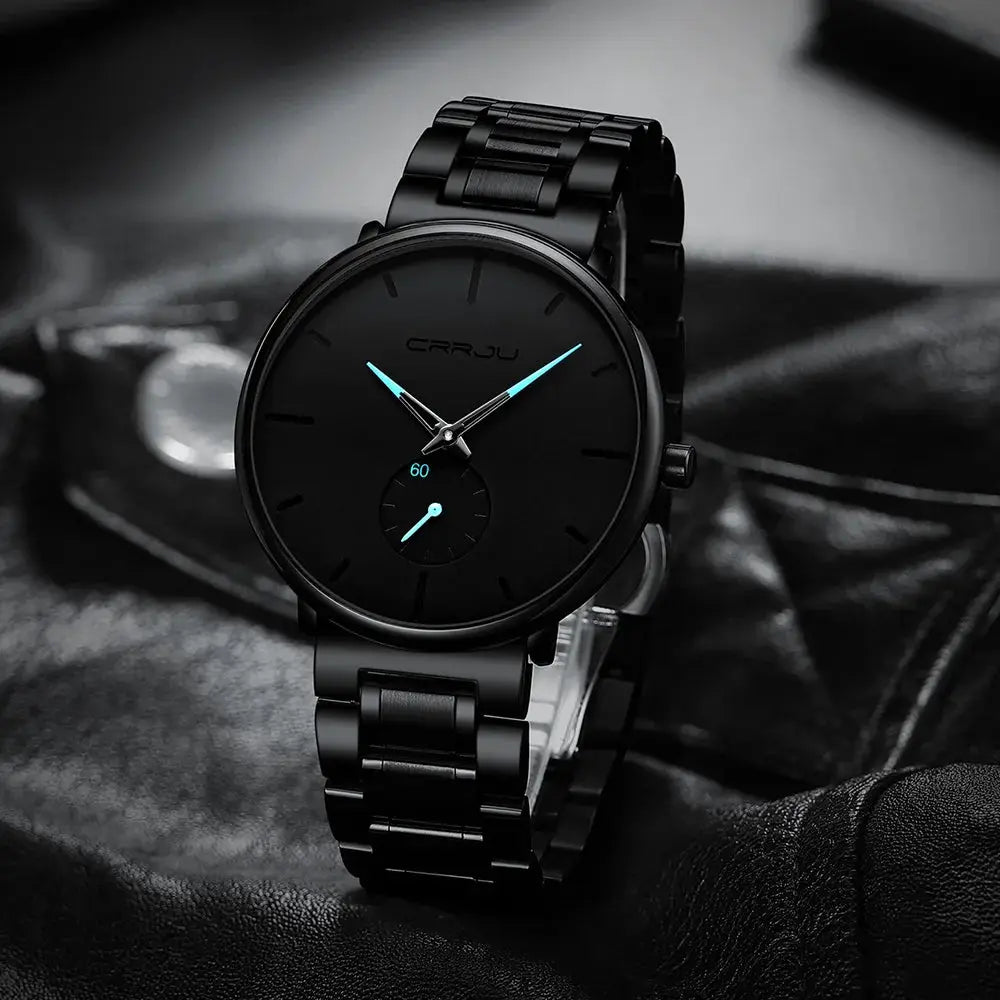 CRRJU men's stainless steel watch with black dial and blue hands