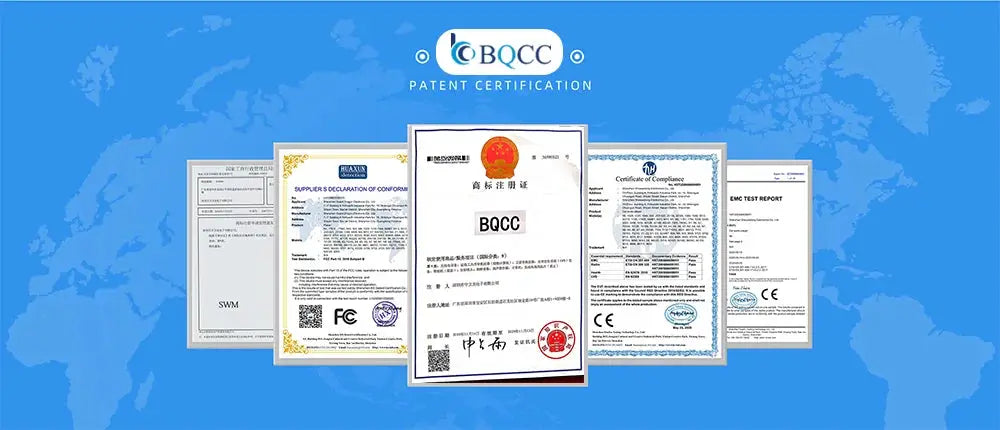 BOCC patent certificate collage on blue world map background