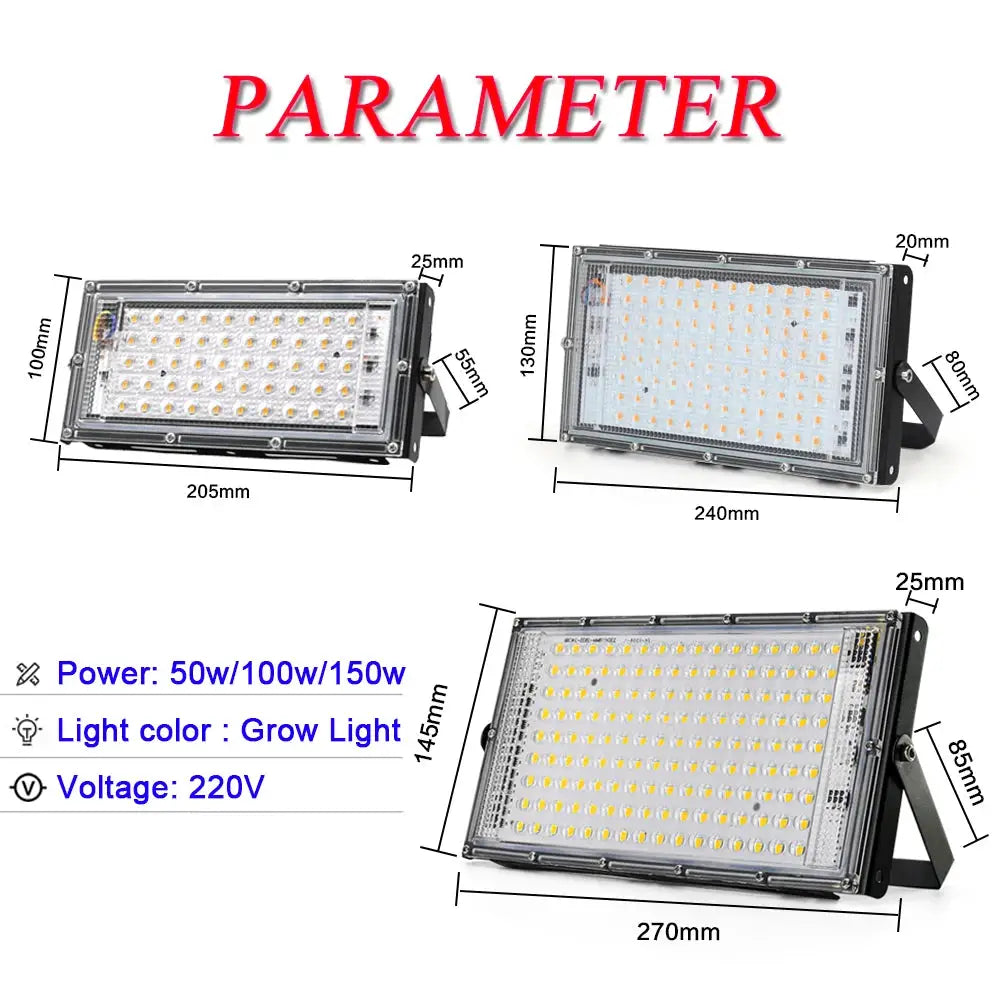 Three gray metal outdoor flood light LED spotlights; 50/100/150W, 220V AC