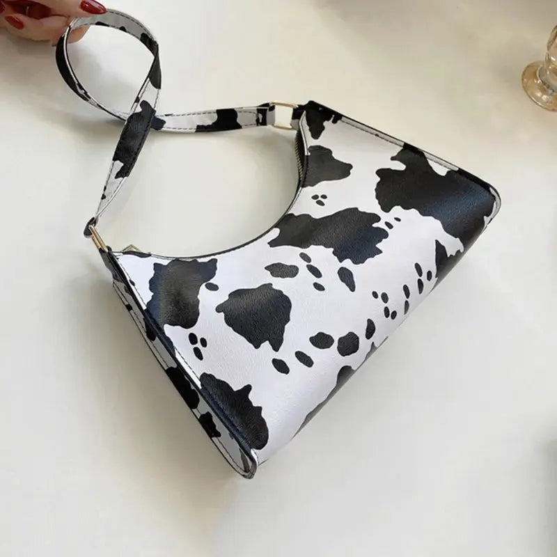 Women's shoulder bag in black-and-white cow print, PU leather with adjustable strap