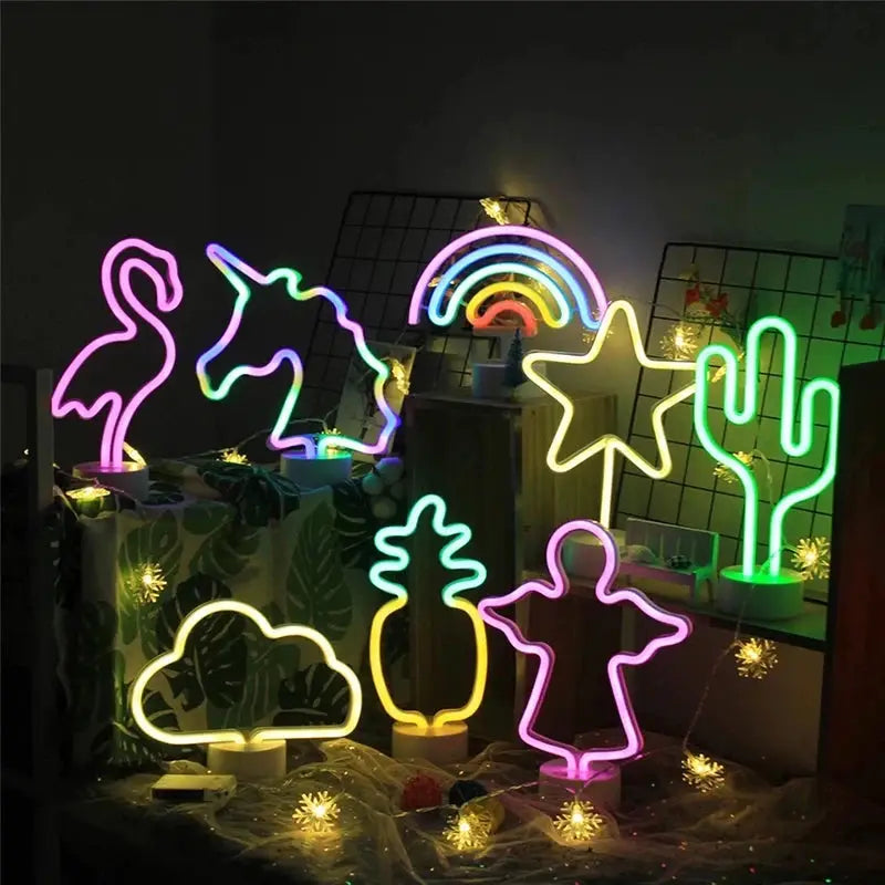 Neon sign USB LED multicolor decorations with unicorn, flamingo, rainbow, star and cactus for kids' room decor