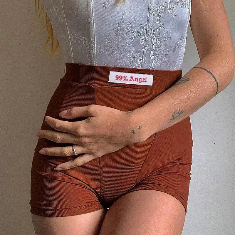 Women's ribbed-knit biker shorts, high-waist, brick-brown with 99% Angel label