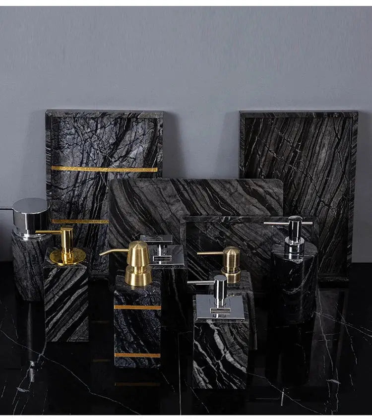 Ancient wood-grain black marble bathroom set with soap dispenser, toothbrush holder, and tray with gold accents.