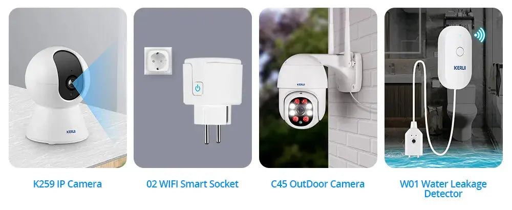 KERUI K259 IP Camera, 02 WIFI Smart Socket, C45 Outdoor Camera, W01 Water Leakage Detector; set of 4 security devices