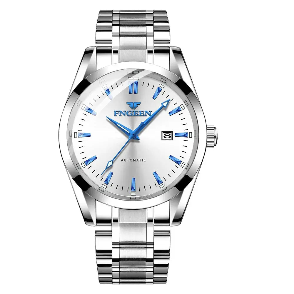 FNGEEN stainless steel automatic wristwatch with blue hour markers and date display, men's luxury business timepiece