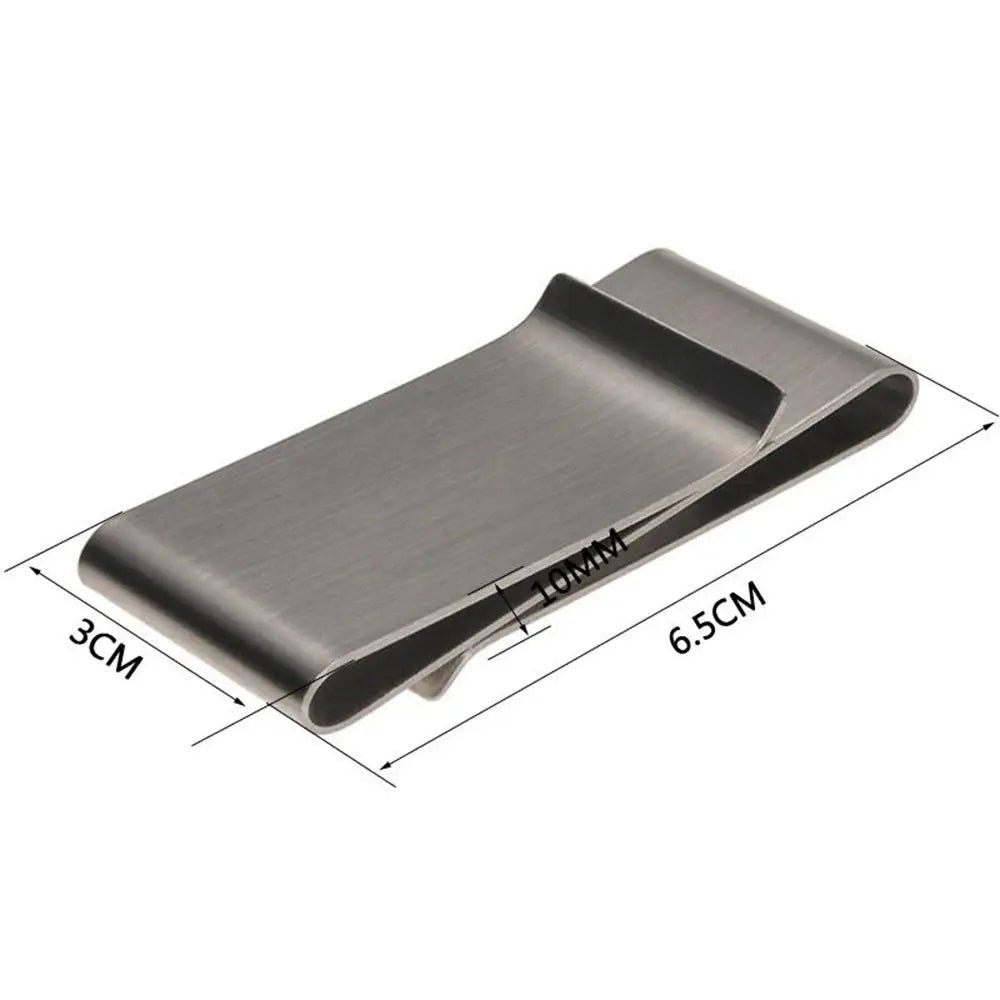 Stainless steel glossy money clip wallet for men, slim profile; 6.5 cm long, 3 cm wide, 10 mm thick