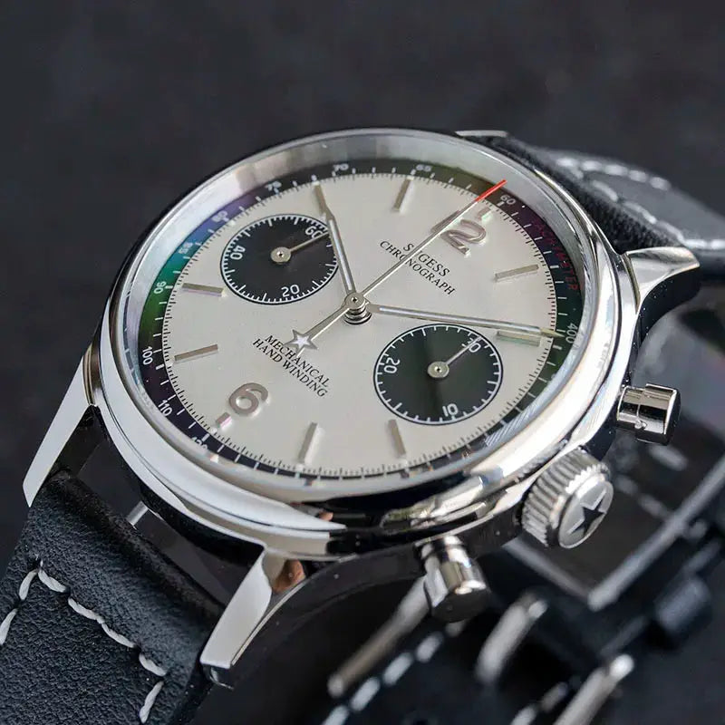 Sugess 1963 Pilot Panda chronograph watch with stainless steel case and black leather strap