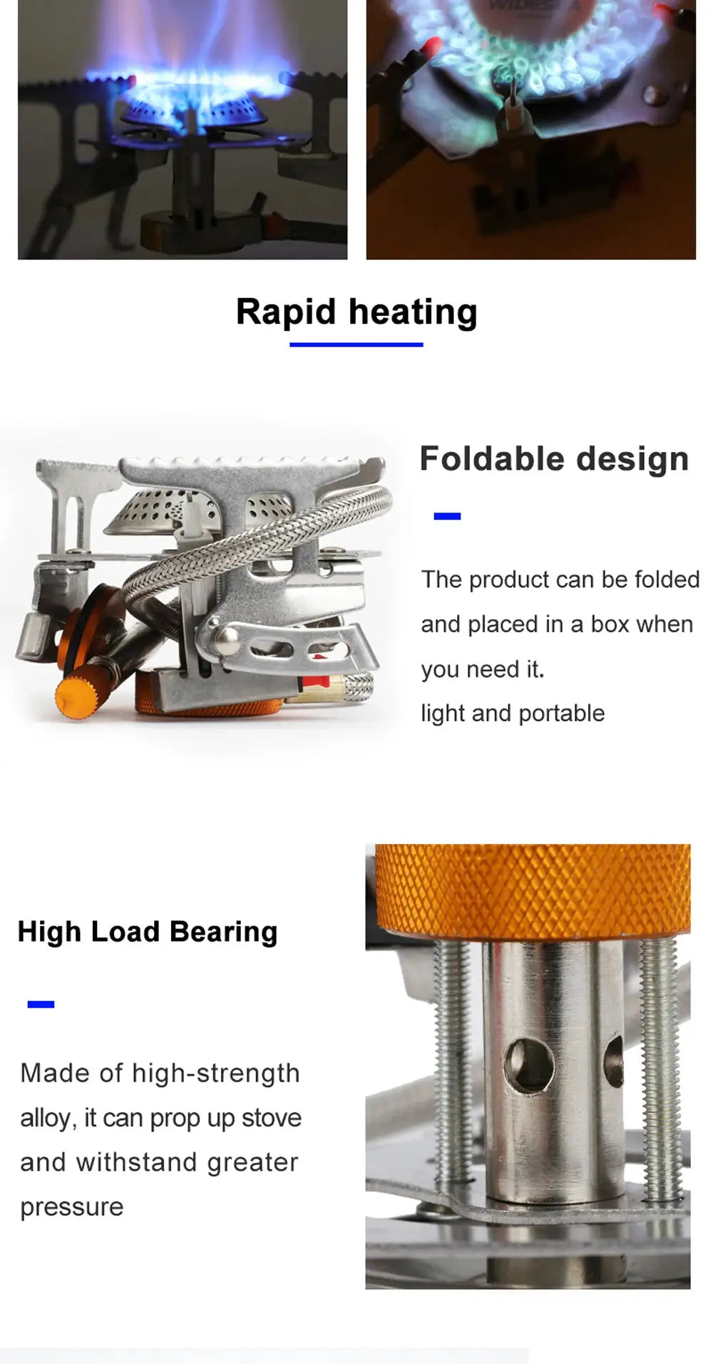 Widesea camping gas stove; foldable metal frame with orange knob and braided hose.