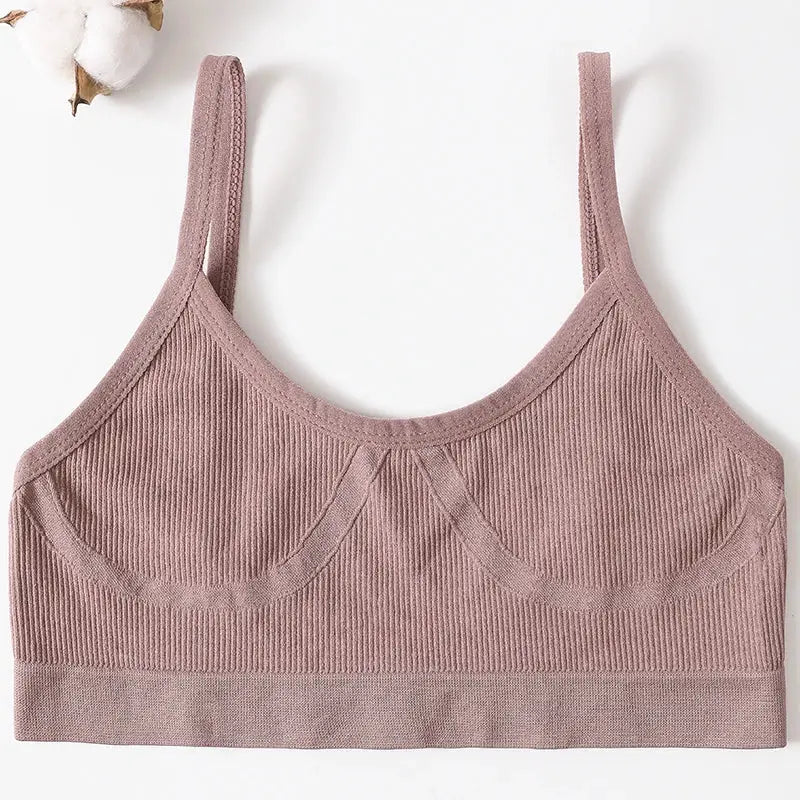 Seamless ribbed U-back bralette by Simples Market, mauve pink wireless no-pads daily wear